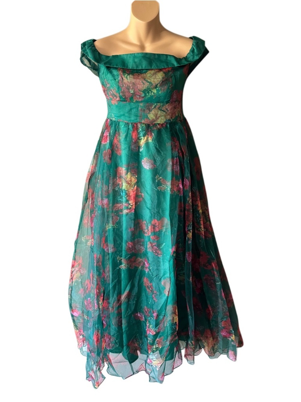 Loragal Emerald Floral Off-Shoulder Maxi Dress with Sheer Skirt